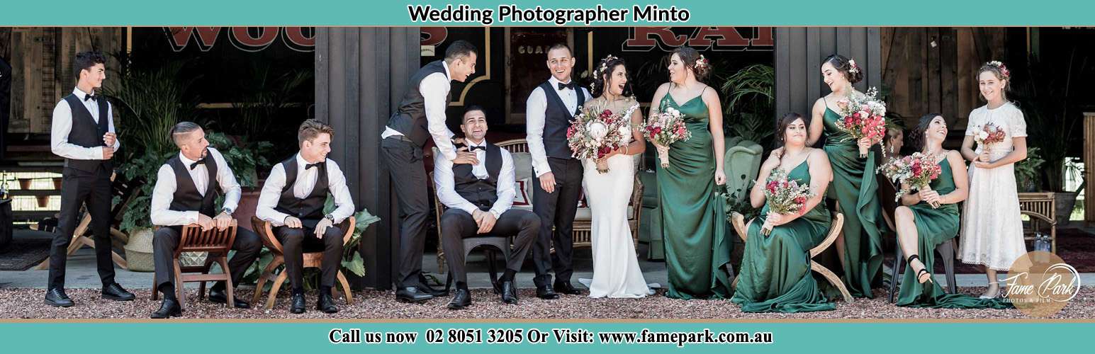 The Bride and the Groom with their entourage pose for the camera Minto NSW 2566