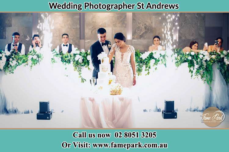 Photo of the Groom and the Bride slicing the cake St Andrews NSW 2566